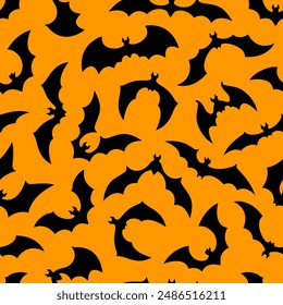 Halloween bats silhouettes, cloud of bats seamless pattern. Hauntingly elegant vector tile, featuring a nocturnal dance of winged creatures against a mysterious, spookily enchanting orange background