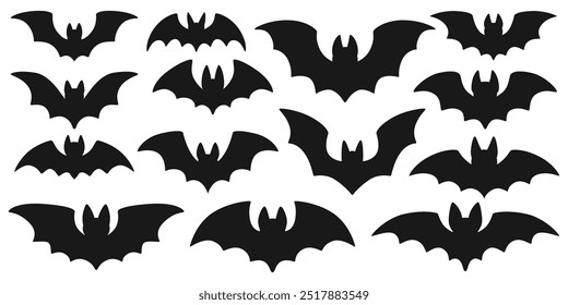 Colección de siluetas de murciélagos de Halloween en varias poses voladoras, para el diseño temático de Halloween. Formas de murciélago negro simple sobre fondo blanco. Vector de acciones.