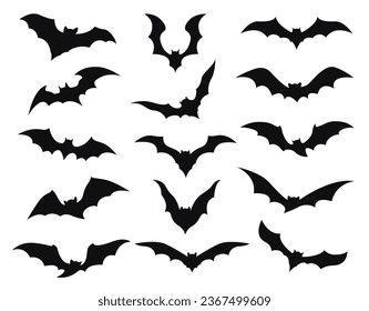 Halloween bats silhouettes for horror night holiday, cartoon vector icons. Halloween and trick or treat party decoration of black flying vampire bats isolated silhouettes for decoration elements
