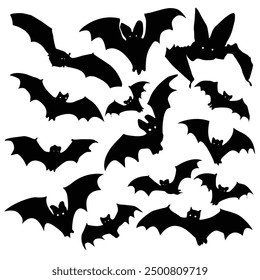 Halloween bats silhouettes for horror night holiday, cartoon vector icons. Halloween and trick or treat party decoration of black flying vampire bats isolated silhouettes for decoration elements.