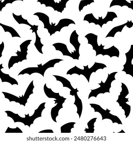 Halloween bats silhouettes seamless pattern, flurry of nocturnal creatures in flight, silhouetted against white background, creates a hauntingly stylish vector tile for spooky wallpapers and decor