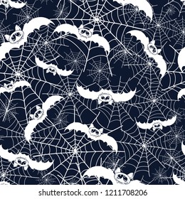 Halloween bats and spiderweb seamless pattern. Great for spooky holiday wallpaper, backgrounds, invitations, packaging design projects. Surface pattern design.