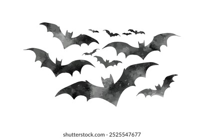 Silueta de acuarela de murciélagos de Halloween aislada sobre fondo blanco. Espeluznante grupo de Ilustración vectorial dibujada a mano de murciélago