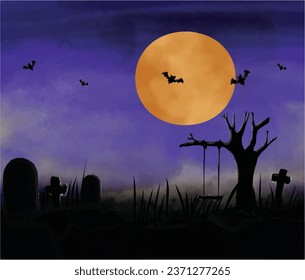 Bates de Halloween, cruz, cementerio y árbol con oscilación, luna llena. elemento Halloween. Vector de pintura acuarela de decoración de Halloween.