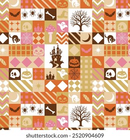 Bauhaus de Halloween, retro, vintage, abstracto, geométrico, patrón, fondo, cráneo, árbol, casta, calabaza, murciélago, araña, caramelo, hueso, espeluznante, miedo, Fondo de pantalla, textura, papel de regalo, estilo plano. 