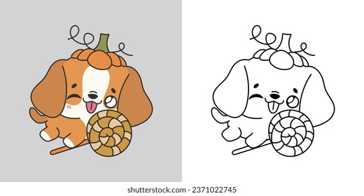 Halloween Beagle Dog Multicolored and Black and White. Beautiful Clip Art Halloween Puppy. Cute Vector Illustration of a Kawaii Halloween Animal with Sweets. 