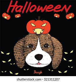 Halloween beagle dog portrait with pumpkin horror, vector illustration