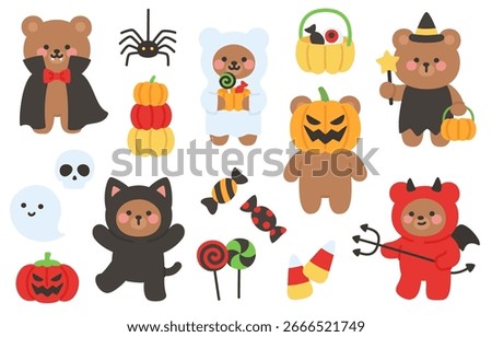 Halloween Bear Character Set with Vampire, Pumpkin, Candy, and Festive Costume Accessories in Cartoon Style Vector Illustration