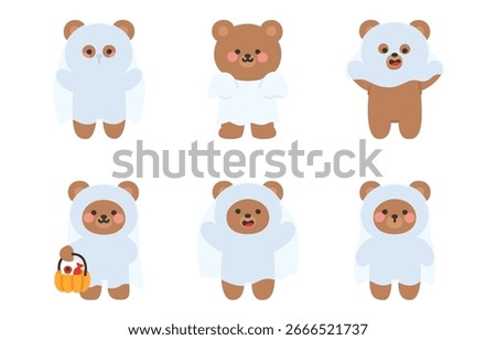 Halloween Bear Characters in White Ghost Costumes Set Vector Illustration