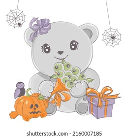 Halloween bear illustration with pumpkin. Vector illustration of Halloween animal. Cute little illustration Halloween bear for kids, fairy tales, covers, baby shower, textile t-shirt, baby book.