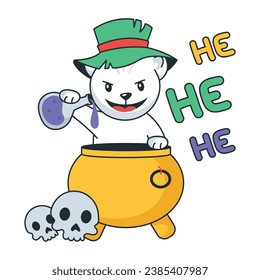Halloween bear making secret potion, hand drawn sticker 