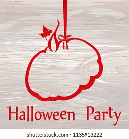 Halloween. Beautiful ribbon in shape. Red bow. Greeting card or invitation for a holiday. Empty place for text or advertising. Vector on wooden background.