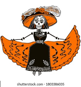 Halloween, Beautiful skeleton girl in hat and dress greeting card la calavera Catrina, Elegant Skull. Day of the dead. Dia de los muertos. Floral Decorated skull. Vector illustration. Doodle element