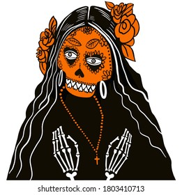 Halloween, Beautiful skeleton girl in hat and dress greeting card la calavera Catrina, Elegant Skull. Day of the dead. Dia de los muertos. Floral Decorated skull. Vector illustration. Doodle element