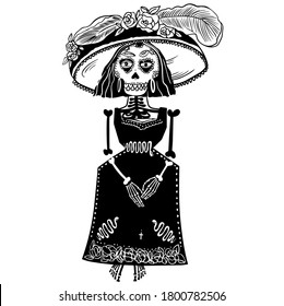 Halloween, Beautiful skeleton in hat and dress greeting card la calavera Catrina, Elegant Skull. Day of the dead. Dia de los muertos. Floral Decorated skull. Vector illustration. Doodle element