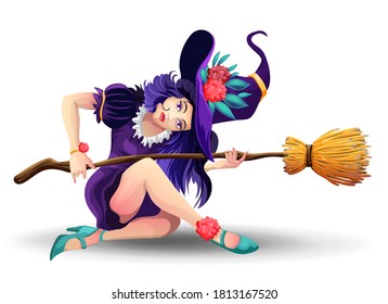 Halloween beautiful witch with broom sitiing on the floor. Halloween backgrounds collection. Halloween greeting card and poster, party sign. Cartoon vector character on white background. Isolated