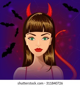 Halloween beautiful witch with Devil horns and devils tail against bats and spider cobweb on background. Sexy glamorous devil girl. Halloween card design illustration Vector