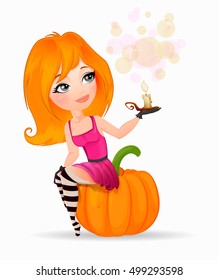 Halloween. Beautiful witch girl sitting on a pumpkin Halloween, witch girl holding a candle in her hand , white background.