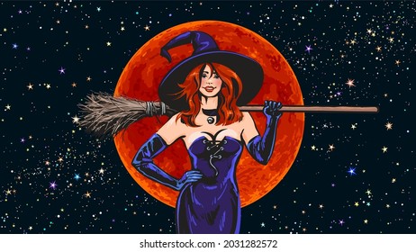 Halloween beautiful witch holding