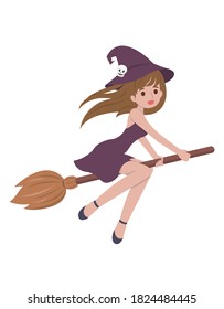 Halloween beautiful witch riding a broomstick isolated in white background, cartoon comic vector illustration