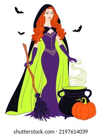 Halloween beautiful witch in vintage costume with broom, pumpkin and pot vector illustration on white background.