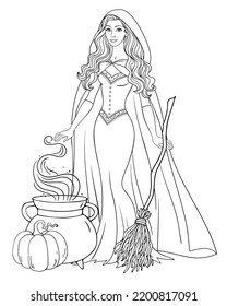 Hermosa bruja de Halloween con vintage disfraz con escoba, calabaza y cacerola vectorial ilustración en blanco y negro para colorear libro sobre fondo blanco.