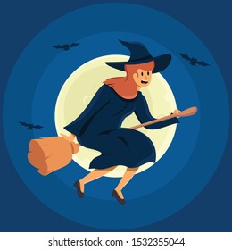 Halloween Beauty Flying Witch with broom over the moon cartoon vector flat illustration