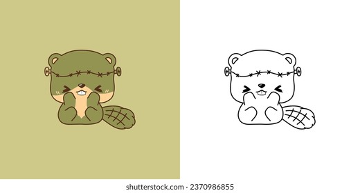 Halloween Beaver Multicolored and Black and White. Beautiful Clip Art Halloween Forest Animal. Cute Vector Illustration of a Kawaii Halloween Animal in a Zombie Costume. 