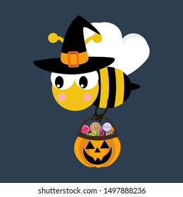 Halloween bee in witch costume on the blue background. Vector illustration