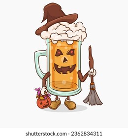 vaso de cerveza de halloween con kawaii linda mascota de la cara ilustración vectorial