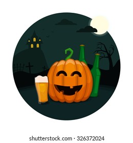 Halloween beer party. Drunk pumpkin with a glass of beer. Vector All Saints' Eve card.