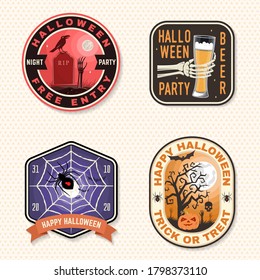 Halloween Beer party patch. Halloween retro badge, pin. Sticker for logo, print, seal, stamp. Scarecrow with raven, pumpkin, skeleton hand with glass of magic beer. Typography design- stock vector.