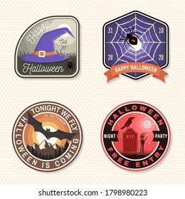 Halloween Beer party patch. Halloween retro badge, pin. Sticker for logo, print, seal, stamp. Scarecrow with raven, pumpkin, skeleton hand and flying bat. Typography design- stock vector.