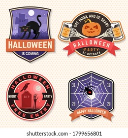 Halloween Beer party patch. Halloween retro badge, pin. Sticker for logo, print, seal, stamp. Scarecrow with raven, pumpkin, skeleton hand with glass of magic beer. Typography design- stock vector.