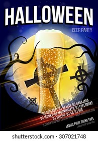 Halloween Beer Party Poster. Vector illustration for Flyer with Moon, Cross, Trees, Glass of Beer. EPS 10