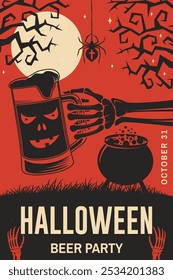 Festa de cerveja de Halloween. Ilustração vetorial. Modelo de convite retrô de Halloween com mão esqueleto com vidro de cerveja mágica