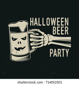 Halloween Beer party. Vector Halloween retro badge. Overlay or Labels for shirt or logo, print, seal, stamp. Skeleton hand with glass of magic beer. Typography design- stock vector.