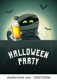 Halloween beer poster. Mummy with beer mug in hand. Scary background with moon and flying bats at night. Vector greeting card or invitation to a party