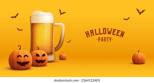 Plantilla de afiche de cerveza de Halloween. Pancarta vectorial con jarra de cerveza artesanal, jack-o-lantern, murciélagos y calabazas. Invitación a una parte