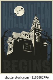 Halloween Begins Greeting Card Vector Illustration Haunted Mansion