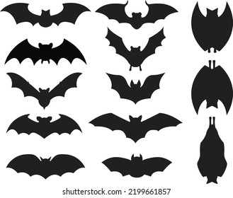 Halloween bet illustration collection. vector flying bats silhouette. Standing bet upside down drawing.