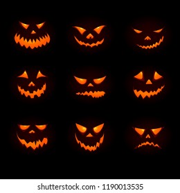 Halloween big icon set with pumpkins. 3d pumpkin face emoji. Vector halloween symbol for game app, web or ui design. Cartoon smile face. Vector illustration