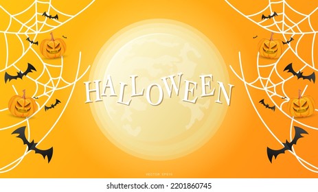 Halloween with big moon and spider wed  in Halloween on orange background day for content online or web, banner and template , Flat cartoon flat style. illustration Vector EPS 10