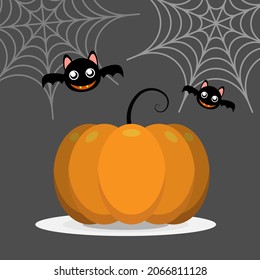 Halloween big pumpkin with cute bat background. Happy Halloween banner