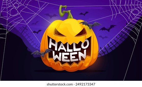 Halloween big pumpkin with flying bats ans cobweb. Halloween creepy and spooky vector background or banner with Jack o Lantern pumpkin carving scary face, flying bats and spider cobweb, cemetery fence