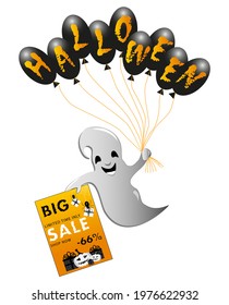 Halloween Big Sale, -66%, banner with holiday symbols pumpkin, ghost, spiders, web. For offer, coupon, discount. Vector illustration.