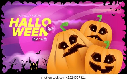 Anuncio de venta grande de Halloween con calabazas de miedo funky, castillo, cementerio en el fondo espeluznante de la noche. Plantilla de diseño de póster de venta de Halloween