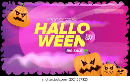 Halloween big sale banner with  funky scary pumpkins, castle, graveyard on night spooky background. Halloween sale poster design template