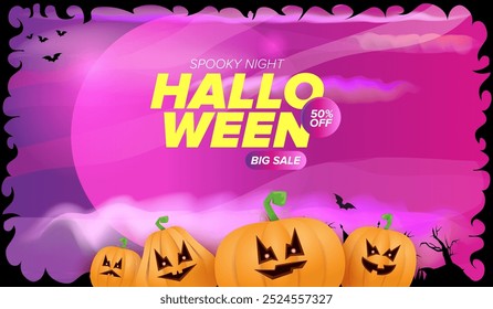 Anuncio de venta grande de Halloween con calabazas de miedo funky, castillo, cementerio en el fondo espeluznante de la noche. Plantilla de diseño de póster de venta de Halloween