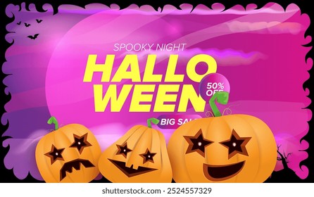 Halloween big sale banner with  funky scary pumpkins, castle, graveyard on night spooky background. Halloween sale poster design template